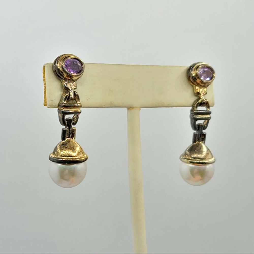 Vintage Earrings Amethyst Faux Pearl Dangle 925 Sterling Silver Vermeil‎ Jewelry